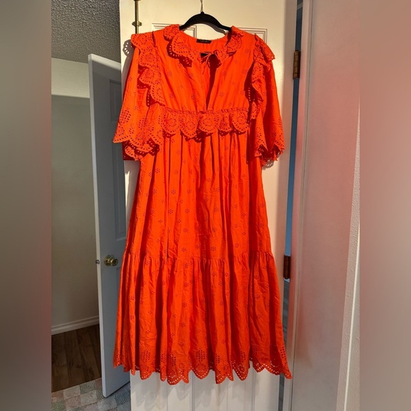 Stella Nova Barbara Joe Dress Eyelet Ruffle Maxi Size 36 US Small Orange Red EUC - Picture 5 of 10